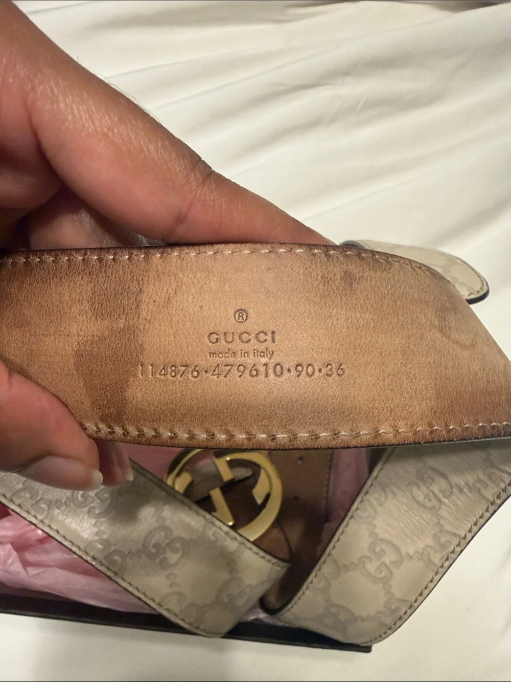 Gucci Beige GG Monogram Belt with Gold Double G Buckle